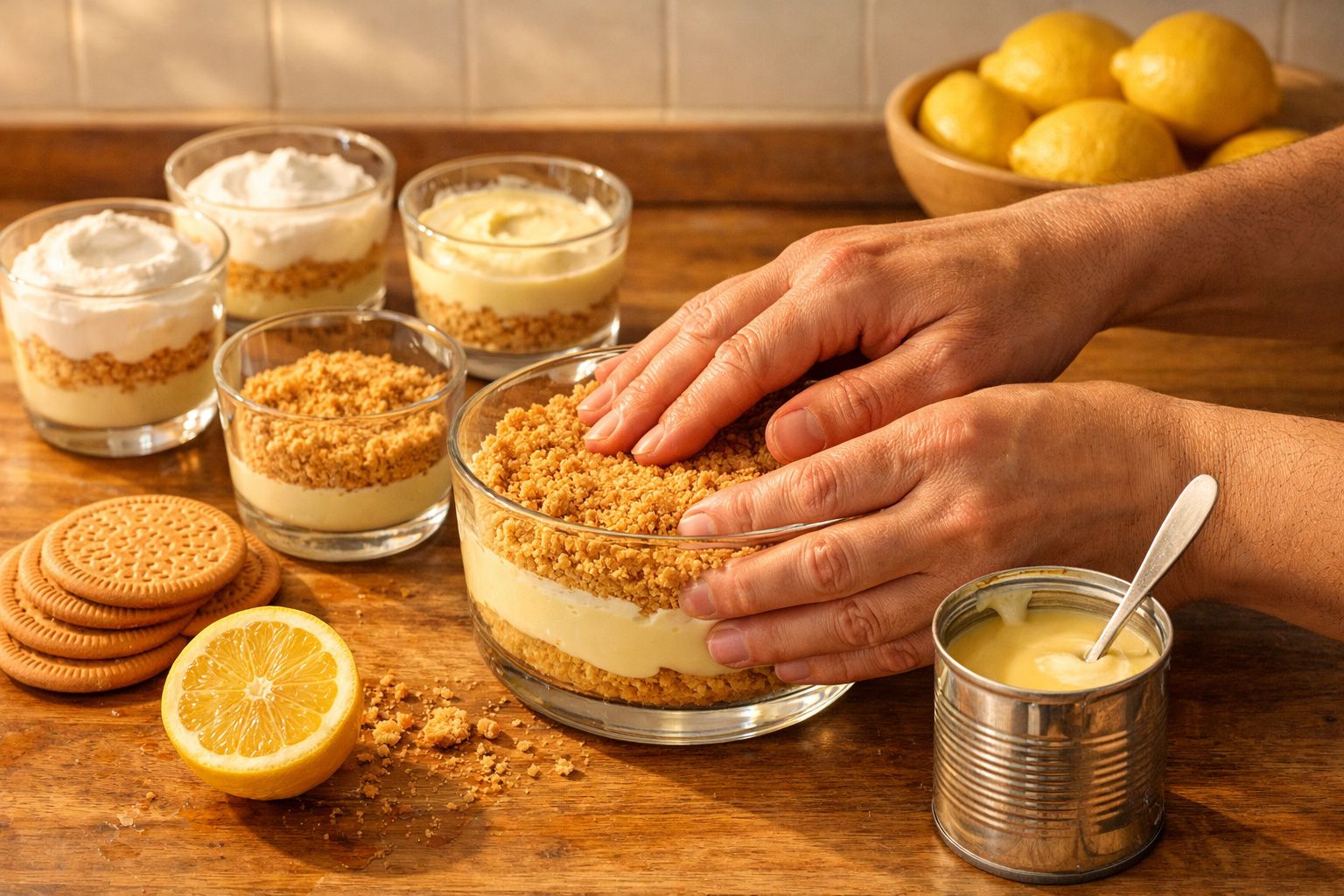 Duas mãos pressionam camada de bolacha num doce de limão em taça de vidro, com ingredientes à volta numa bancada.
