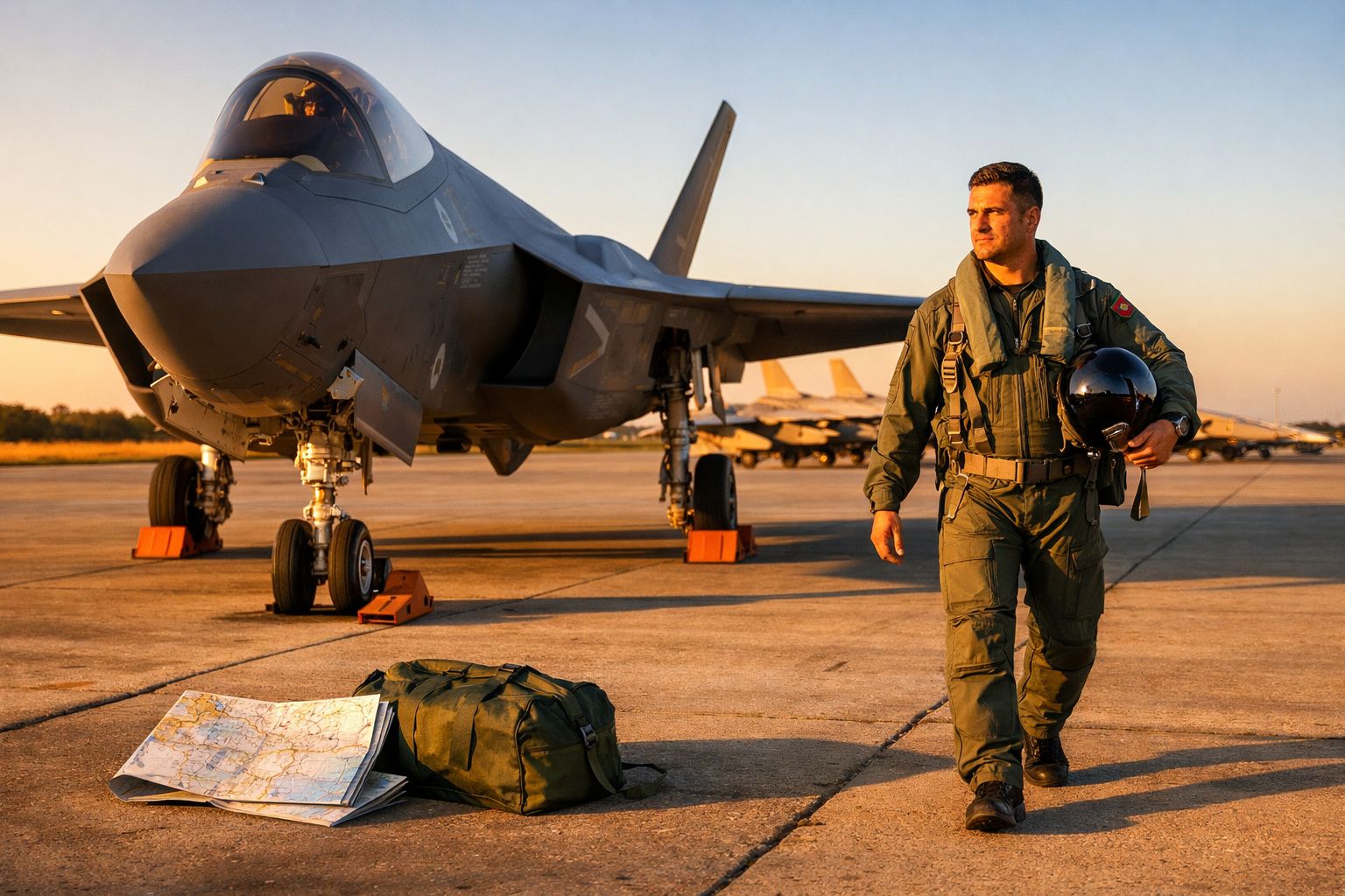 Piloto militar a caminhar junto a um caça estacionado numa pista ao pôr do sol, com mapa e mochila no chão.