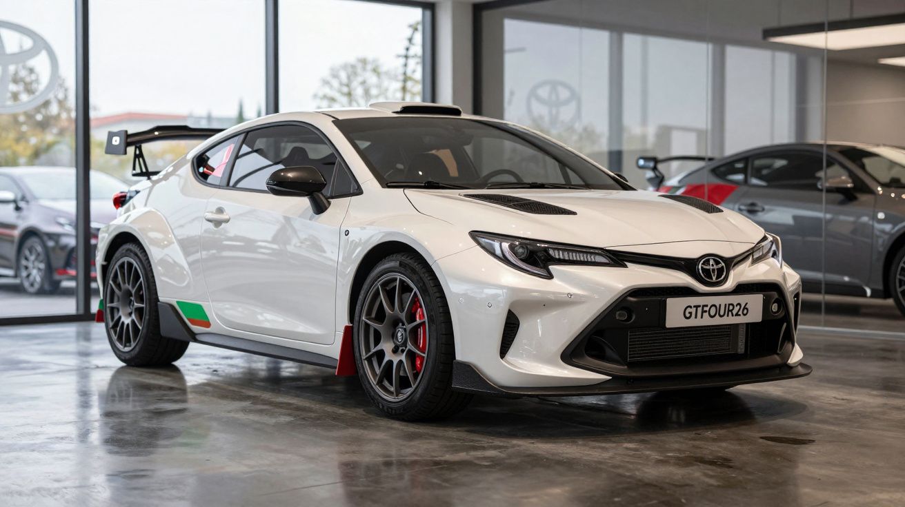 Carro desportivo branco Toyota GTFOUR26 estacionado dentro de concessionário com vidros grandes.