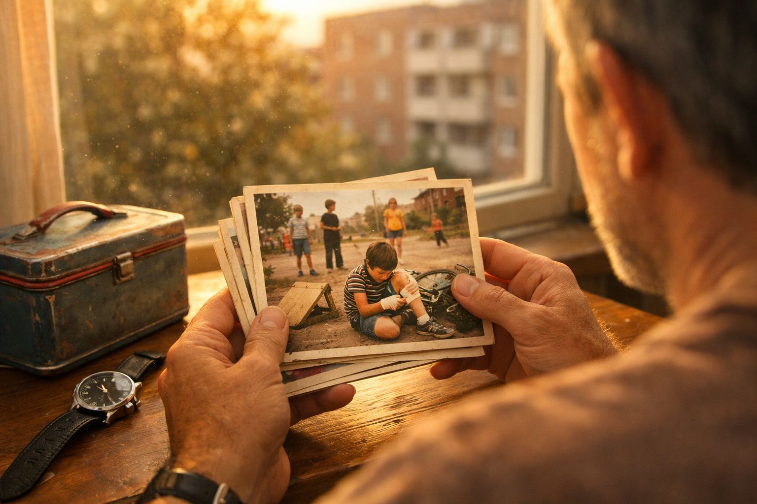 Homem de meia-idade segura fotografias antigas, uma mostrando crianças num parque urbano ao pôr do sol.